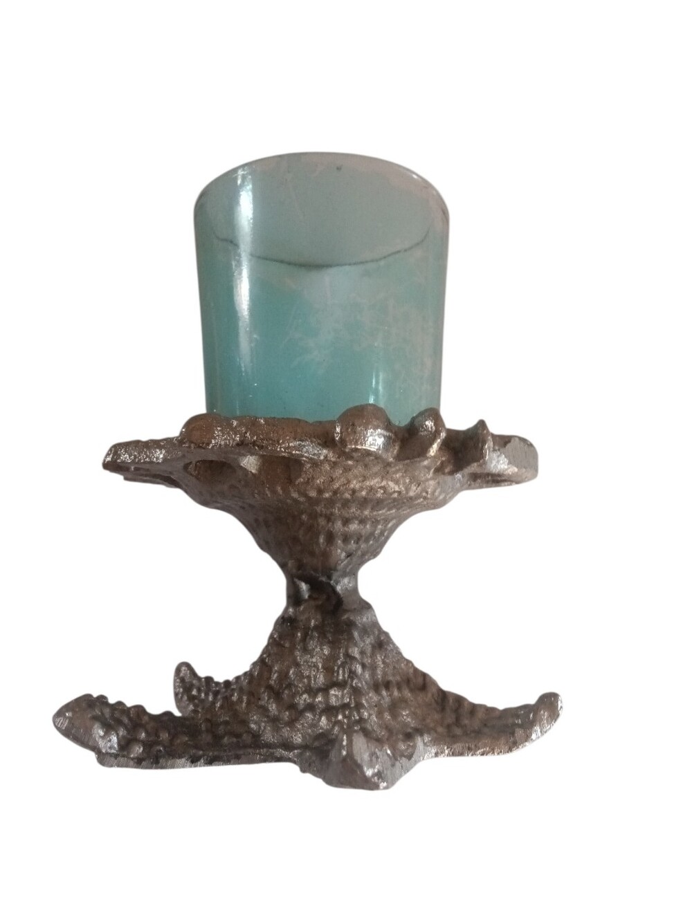 Coastal Votive Candle Holder Silver Starfish Base Aquamarine Glass